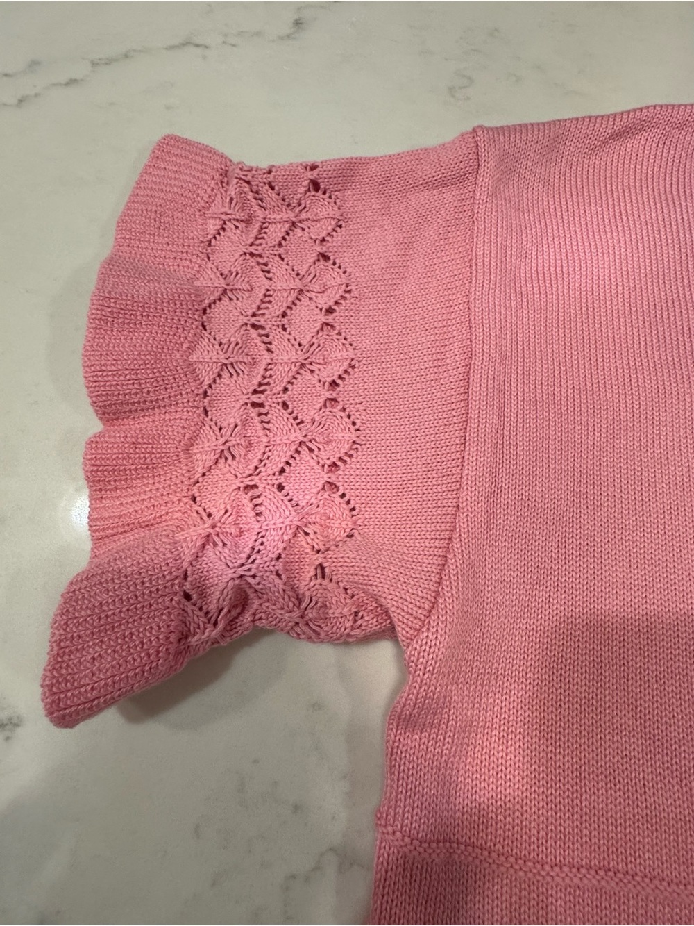Women's Pink Knit Short-Sleeve Sweater with Lace-Trim Hem - Picture 3 of 9